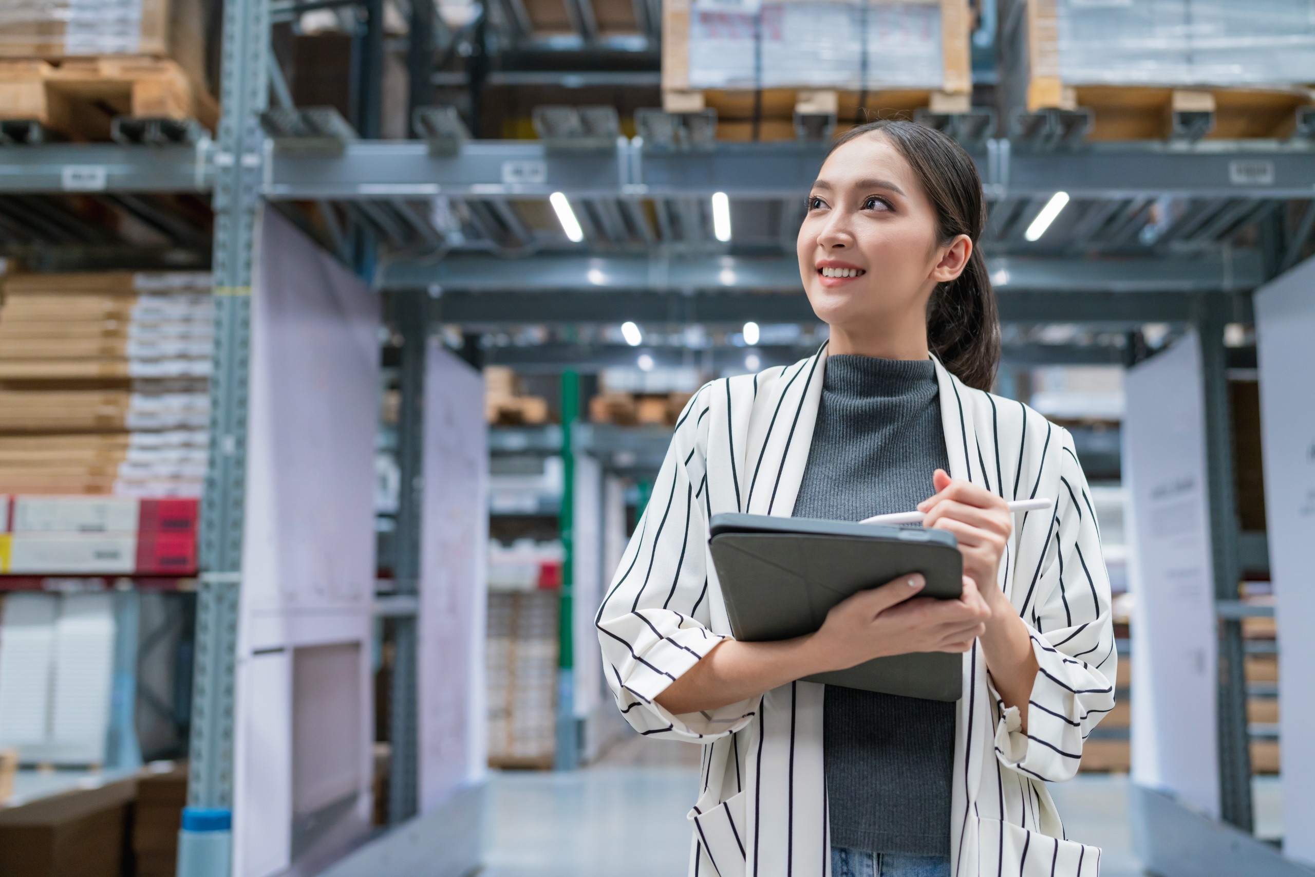 supplier portrait-asian-woman-business-owner-using-digital-tablet-checking-amount-stock-product-inventory-shelf-distribution-warehouse-factorylogistic-business-shipping-delive